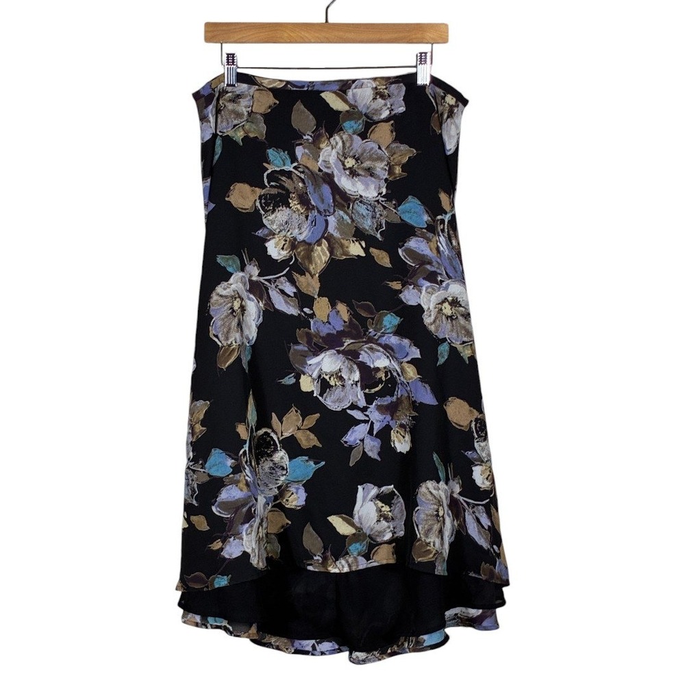 Studio Liz Claiborne Floral High-Low Midi Skirt Black Purple Garden Party Sz 12